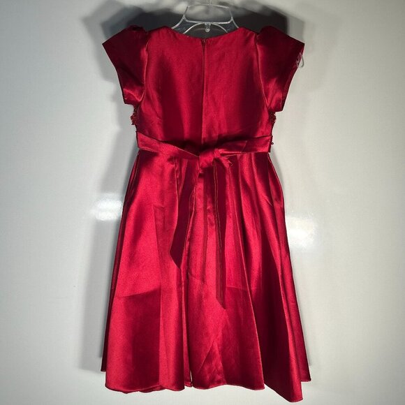 Mia Belle Girls SZ 7/8YR Red Special Occasion Dress Satin Beaded Formal Holiday - Picture 6 of 9